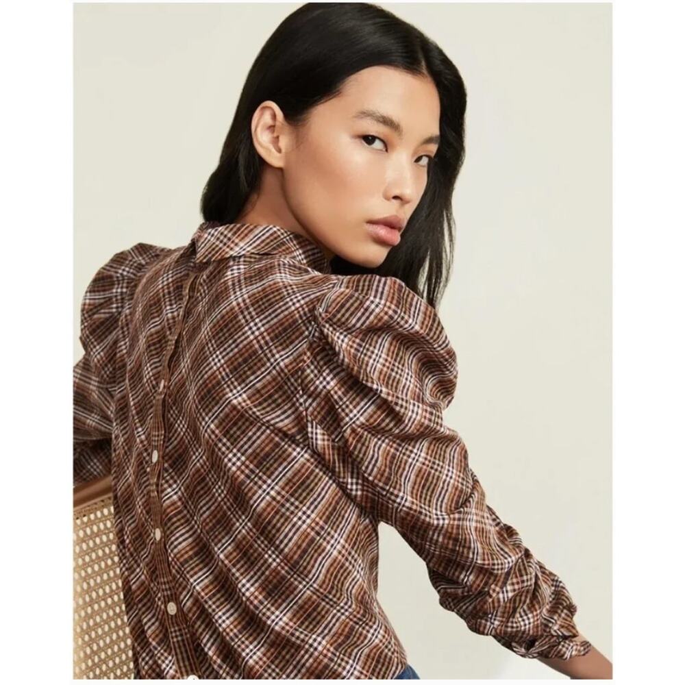 Veronica Beard Isabel Plaid Top Size 8 Nutmeg Puff Sleeve Mock Neck Blouse